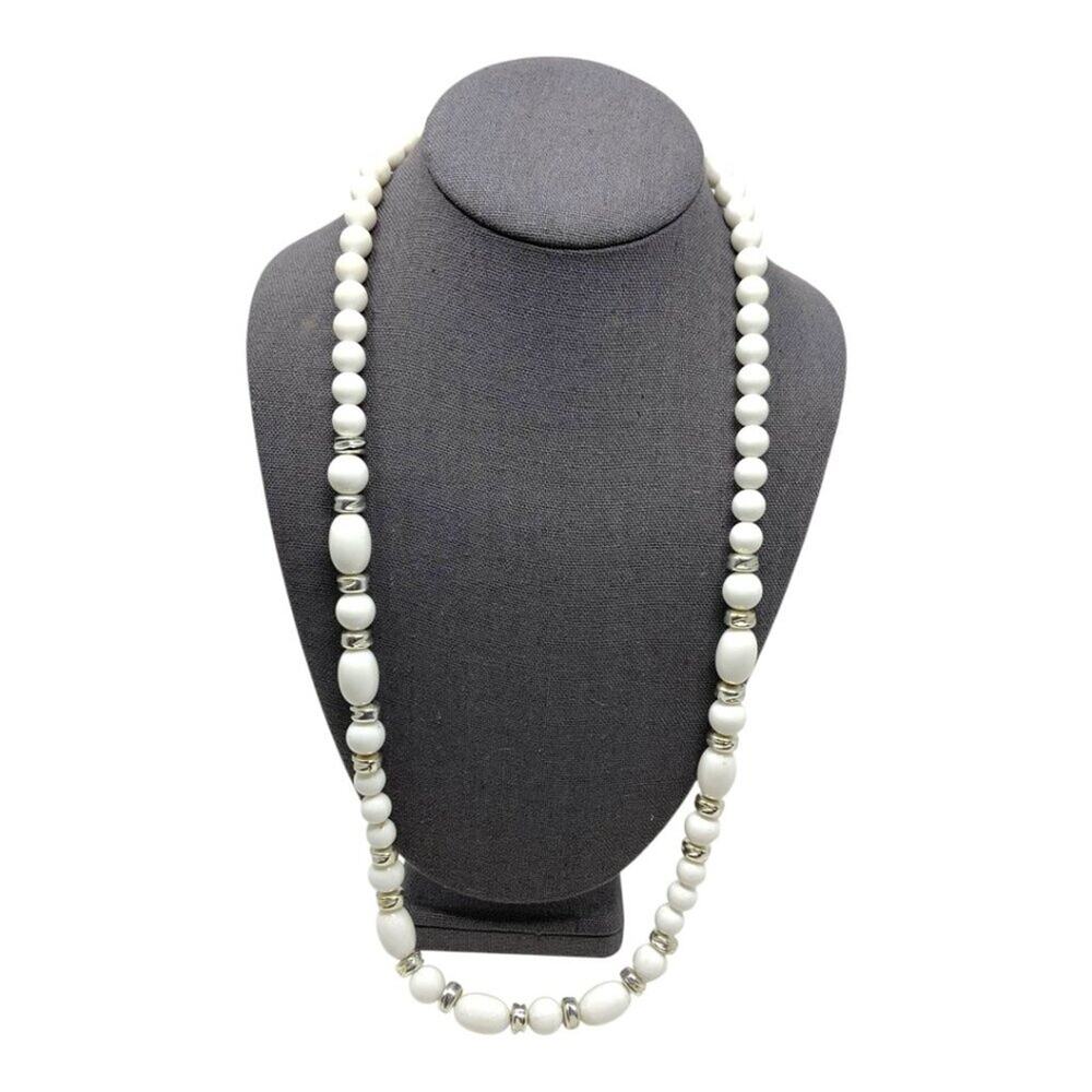 Vintage Long White Silver Tone Beaded Necklace